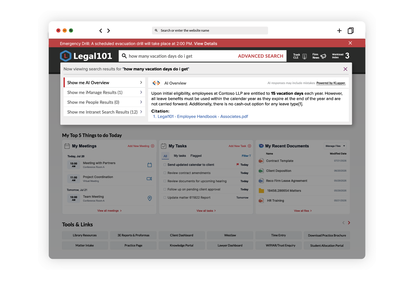 Legal101 AI-powered intranet shown on desktop and mobile app